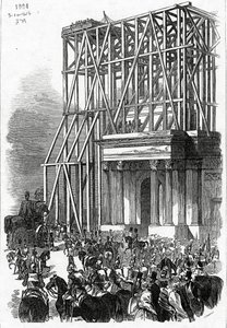 1846年10月3日、「The Illustrated London News」に掲載された、アーチにウェリントン像が到着 作： Ebenezer Landells